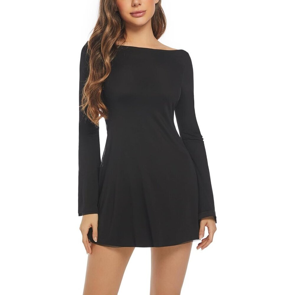 Women's Black Long Sleeve Flare Mini Dress High Neck Bodycon Party - Picture 4 of 5